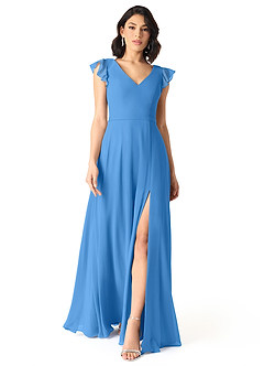 Azazie Claudine Bridesmaid Dresses Blue Jay A-Line Flutter Sleeve Chiffon Dress image2