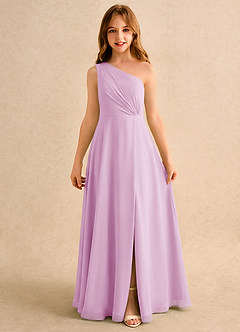 Azazie Puddles Girls Formal Robe Demoiselle D'honneur Fillette Robe Trapèze en Mousseline de soie Une épaule Rose Bonbon image6