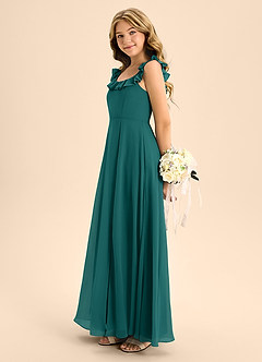 Azazie Callie Junior Abito A-Line in Chiffon Increspato Verde Pavone image7