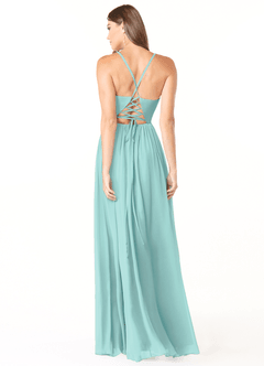 Azazie Aaida Bridesmaid Dresses Aqua A-Line Corset Chiffon Dress image2