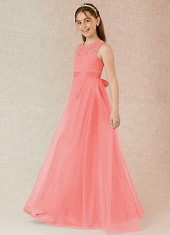 Azazie Georgette Junior Coral A-Line Lace Tulle Dress image3