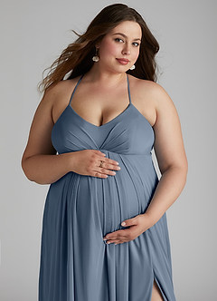 Azazie Annabelle vestidos de dama de honor de maternidad Vestido de Corte En A Cuello en V plisado Hasta el suelo Malla image11