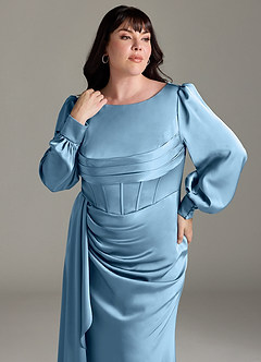 Azazie Raye Bridesmaid Dresses Steel Blue Mermaid Long Sleeve Stretch Satin Dress image11