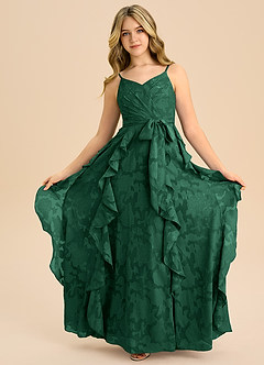 Azazie Peyton Junior Vestido de Verde Oscuro de Devorado Floral de Corte en A con Plisado image3