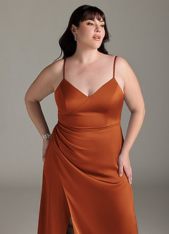 Azazie Marchella Bridesmaid Dresses Cinnamon A-Line Corset Stretch Satin Dress image11