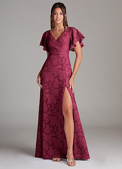 Azazie Ambrosia Brautjungfernkleider A-Linie Plissee Blumen-Burnout Kleid Burgunderrot image1