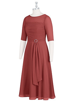 Azazie Naomi Mère de la mariée Robes Robe Trapèze en Mousseline de soie Col bateau plissé Terracotta image9