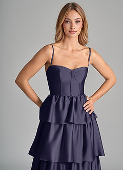 Azazie Faye Robes de demoiselle d'honneur Robe Trapèze en Satin extensible Rayé Bleu Orageux image2