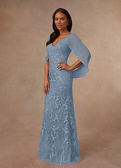 Azazie Ferris Mère de la mariée Robes Robe Fourreau en Mousseline de soie Col V Bleu Poussiéreux image2