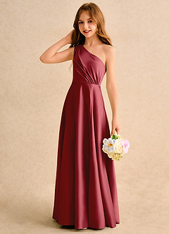 Azazie Puddles Girls Formal Flower Girl Dresses Pomegranate A-Line One Shoulder Matte Satin Dress image6
