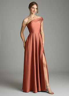 Azazie Melanie 신부 들러리 드레스 A라인 오프 더 숄더 스트레치 새틴 바닥 길이 드레스 image5