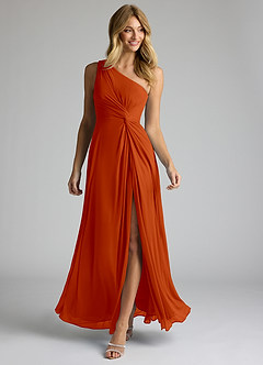 Azazie Brooke Bridesmaid Dresses Paprika A-Line One Shoulder Mesh Dress image2