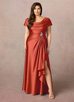 Azazie Branford Mother of the Bride Dresses Rust A-Line Pleated Stretch Satin Dress image9