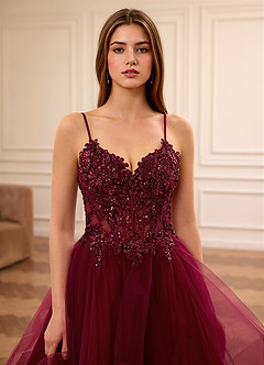 Zinnia Burgundy A-line Floral V-neck Tulle Tier Prom Dress image7