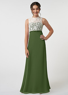 Azazie Rana Junior Olive A-Line Lace Chiffon Dress image1