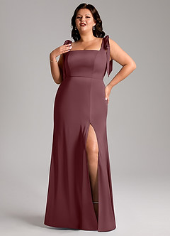 Azazie Frostine Bridesmaid Dresses Sangria A-Line Bow Stretch Satin Dress image9