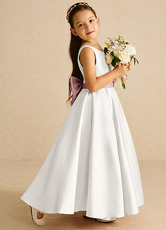 Azazie Pipsy Flower Girl Dresses Ivory Dusty Rose A-Line Bow Matte Satin Dress image3