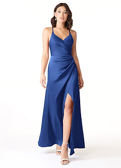 Azazie Geanna Bridesmaid Dresses Royal Blue Sheath V-Neck Pleated Stretch Satin Dress image1