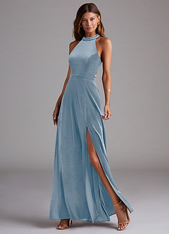 Azazie Clarice Bridesmaid Dresses Dusty Blue A-Line Side Slit Velvet Dress image3