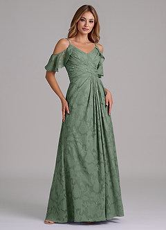 Azazie Dakota Bridesmaid Dresses Matcha A-Line Off the Shoulder Floral Burnout Dress image1