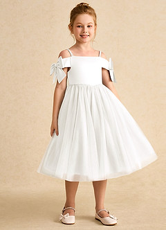 Azazie Amie Flower Girl Dresses Ivory A-Line Off the Shoulder Matte Satin Dress image5