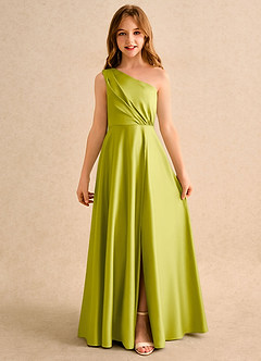 Azazie Puddles Girls Formal Robe Demoiselle D'honneur Fillette Robe Trapèze en Mat Satiné Asymétrique Citronnelle image4