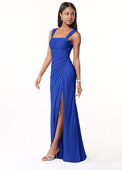 Azazie Jesaphine Robes de demoiselle d'honneur Robe Fourreau en Maille Ruché Bleu Roi image4