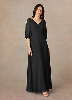 Azazie Bronwyn Kleider für die Brautmutter A-Linie V-Hals Gerüscht Chiffon Kleid Schwarz image2