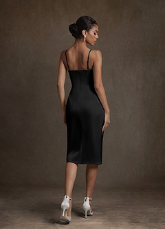Azazie Katiya Wedding Dresses Black Sheath Cowl Neckline Pleated Stretch Satin Dress image2
