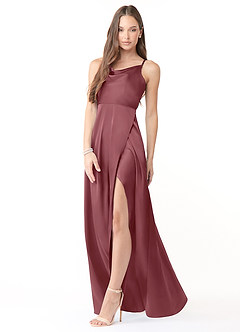 Azazie Naomie Bridesmaid Dresses Desert Rose A-Line Cowl Neckline Side Slit Stretch Satin Dress image4