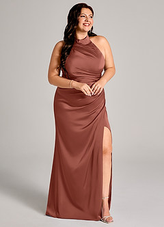 Azazie Jemma Vestidos de damas de honor Vestido de Castaño de Satén Elástico de Corte Recto con Plisado image11