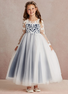 Azazie Elodie Flower Girl Dresses Ivory Dark Navy Ball-Gown Lace Dress image3