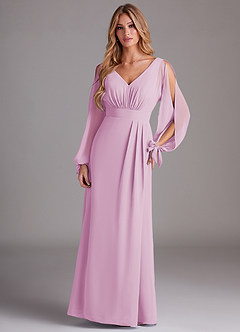 Azazie Matilda Bridesmaid Dresses Candy Pink A-Line Long Sleeve Chiffon Dress image3