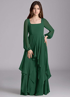 Azazie Clara Junior Robe Trapèze en Mousseline de soie Blouson Vert Foncé image5