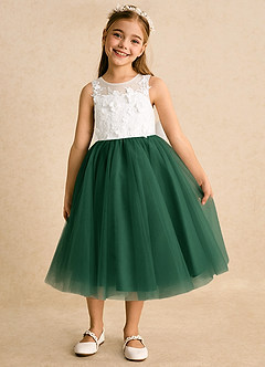 Azazie Lina Flower Girl Dresses Ivory Dark Green Ball-Gown Lace Dress image5