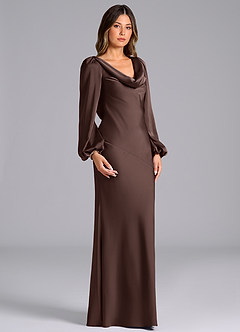 Azazie Melani At-home Try On Dresses Eucalyptus Mermaid Long Sleeve Stretch Satin Dress image3