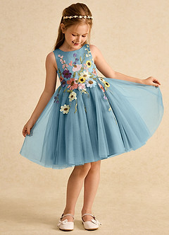 Azazie Prima Robe Demoiselle D'honneur Fillette Robe Trapèze en Tulle Arc Bleu Maussade image3