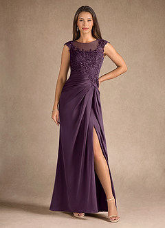 Azazie Santa Barbara Mother of the Bride Dresses Plum Sheath Pleated Stretch Satin Dress image5