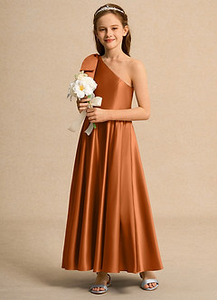 Azazie Guppy Girls Formal Flower Girl Dresses Copper A-Line One Shoulder Matte Satin Dress image5