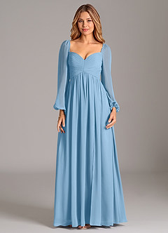 Azazie Bailee Brautjungfernkleider A-Linie Langarm Chiffon Kleid Stahlblau image7