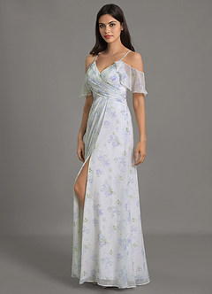 Azazie Dakota Bridesmaid Dresses Blue Vintage Floral A-Line V-Neck Pleated Chiffon Dress image3