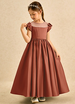 Azazie Toffee Blumenmädchenkleider Ballkleid Schleifen Matte Satin Kleid Rotbraun image4