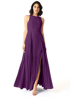 Azazie Lindie Bridesmaid Dresses Grape A-Line Scoop Pleated Chiffon Dress image1
