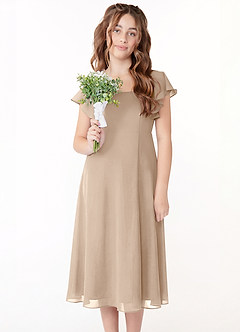 Azazie Bondi Junior Jurk van Chiffon met A-Lijn Ruches Taupe image4