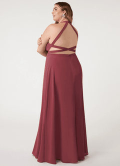 Azazie Clarice Vestidos de damas de honor Vestido de Merlot de Gasa de Corte en A con Halter image12