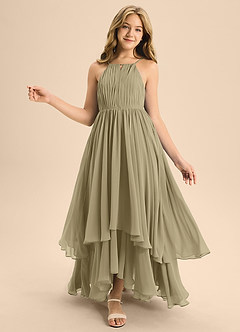 Azazie Elliora Junior A-Linie Plissee Chiffon Kleid Moosgrün image1