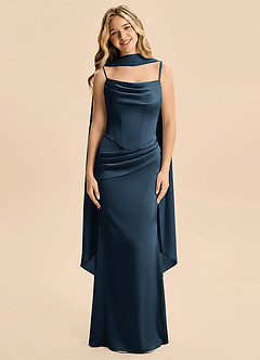 Azazie Sorrel Junior Dark Navy Mermaid Ruched Stretch Satin Dress image3