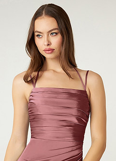 Azazie Desi At-home Try On Dresses Black Sheath Halter Corset Stretch Satin Dress image6