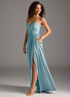 Azazie Alia Bridesmaid Dresses Moody Blue A-Line Pleated Stretch Satin Dress image6