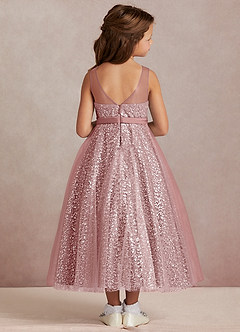 Azazie Siwa Robe Demoiselle D'honneur Fillette Robe Trapèze en Tulle Perlé Rose Poussiéreuse image3